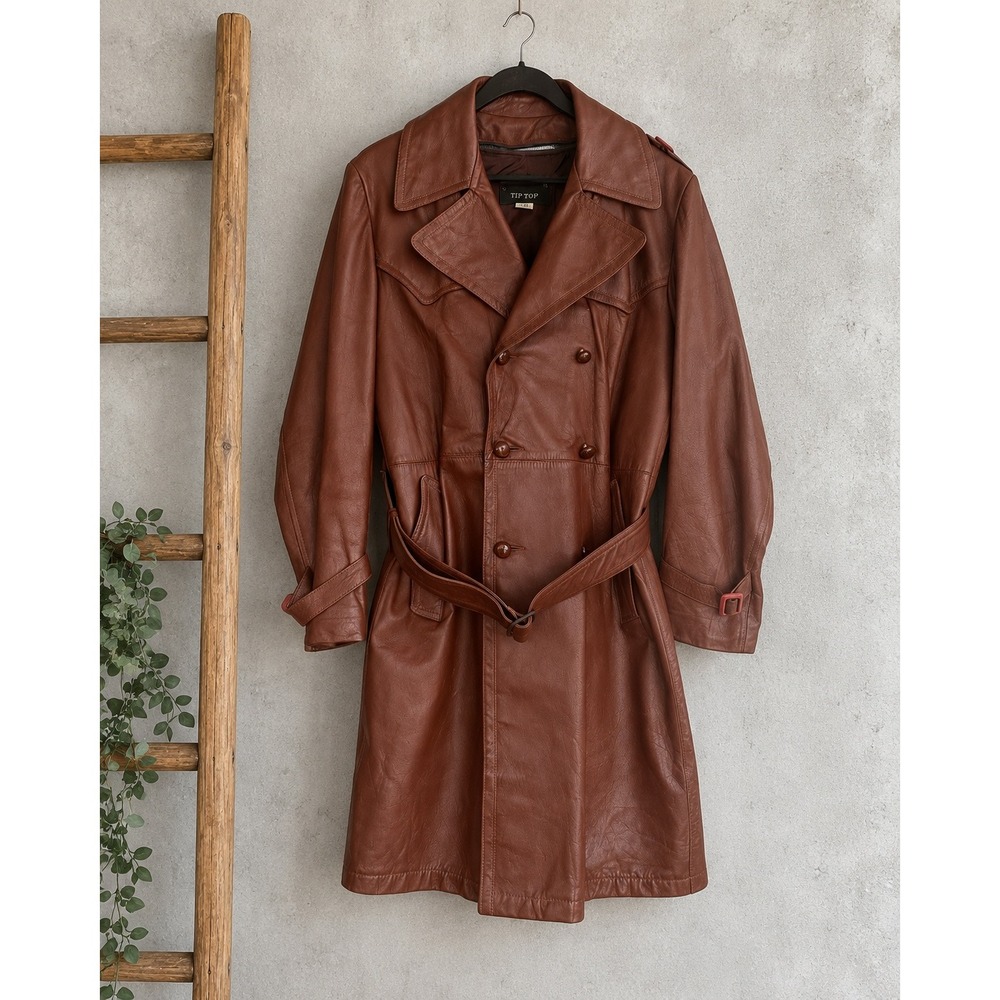 Vintage Tip Top Mens Brown Leather Trench Coat Belted Plaid Zip Out Liner 40